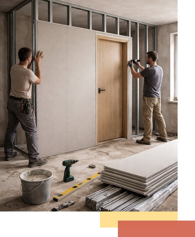 Перегородка из гипсокартона с дверью под ключ в Минусинске