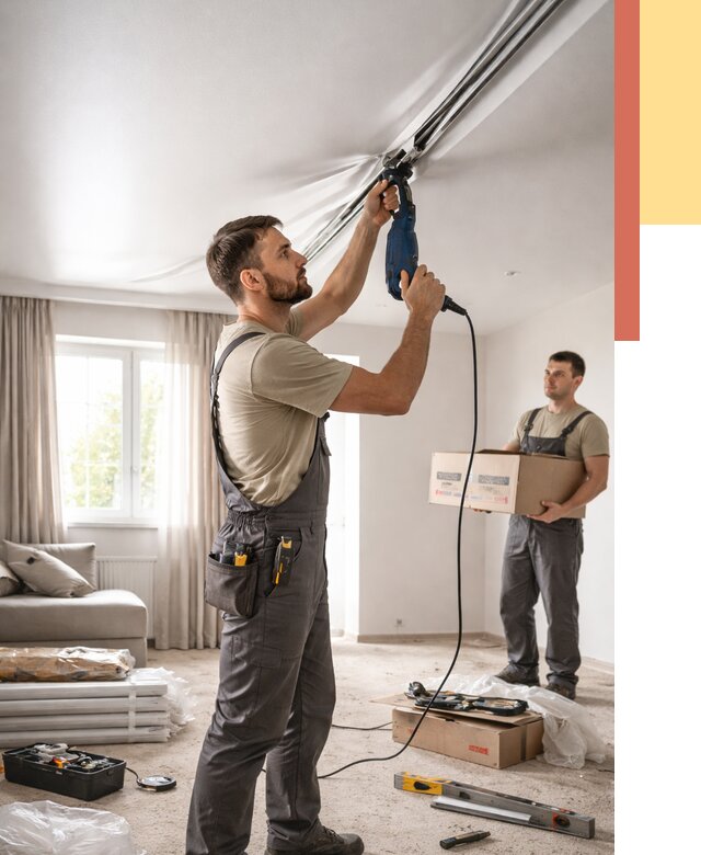 Монтаж сатинового натяжного потолка в Минусинске от 3556 руб. | Быстро, недорого — ОТДЕЛОЧНИК-Мнс