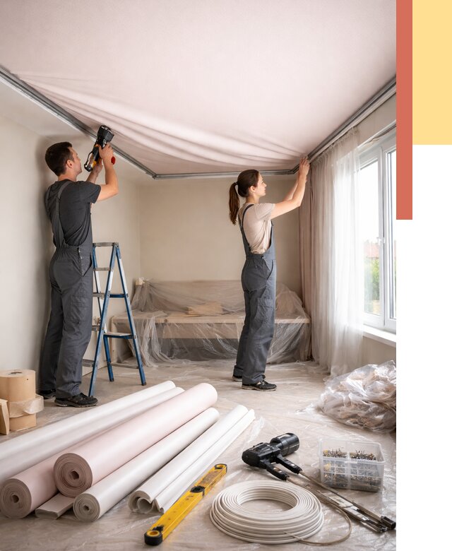 Монтаж цветного натяжного потолка в Минусинске от 4268 руб/м² — быстро и недорого | ОТДЕЛОЧНИК-Мнс