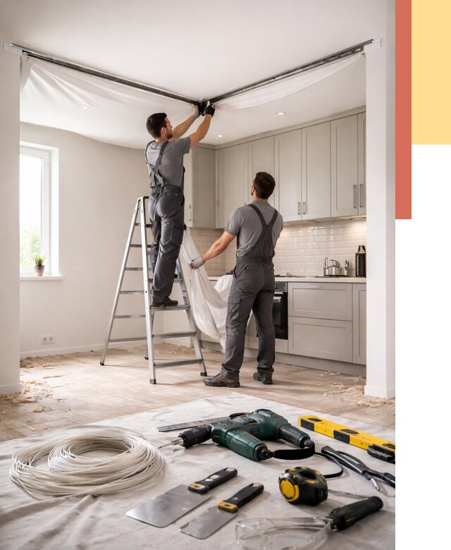 Установка натяжного потолка на кухне в Минусинске от 2439 руб. | ОТДЕЛОЧНИК-Мнс