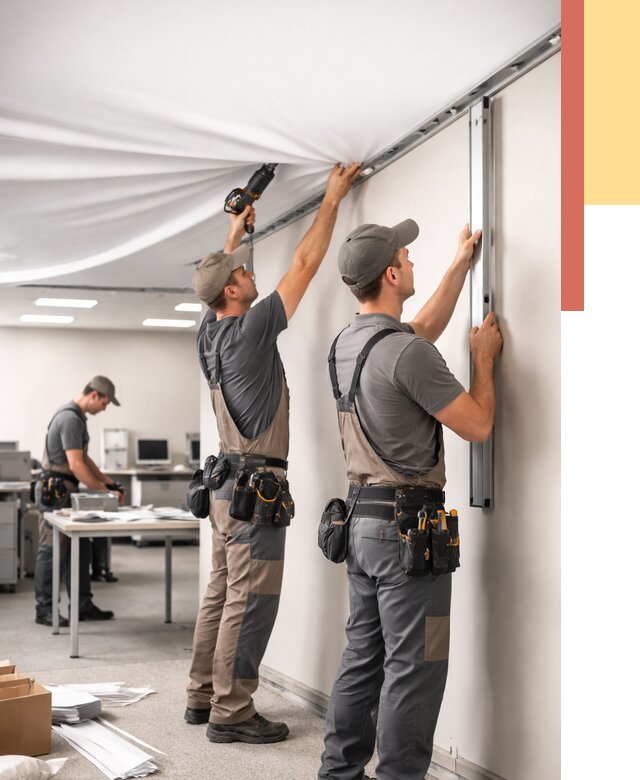 Монтаж натяжного потолка в офисе в Минусинске от 457 руб/м² — быстро и недорого | ОТДЕЛОЧНИК-Мнс