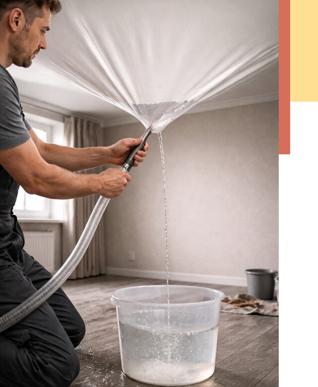 Слив воды с натяжного потолка в Минусинске от 2540 руб. быстро и недорого | ОТДЕЛОЧНИК-Мнс