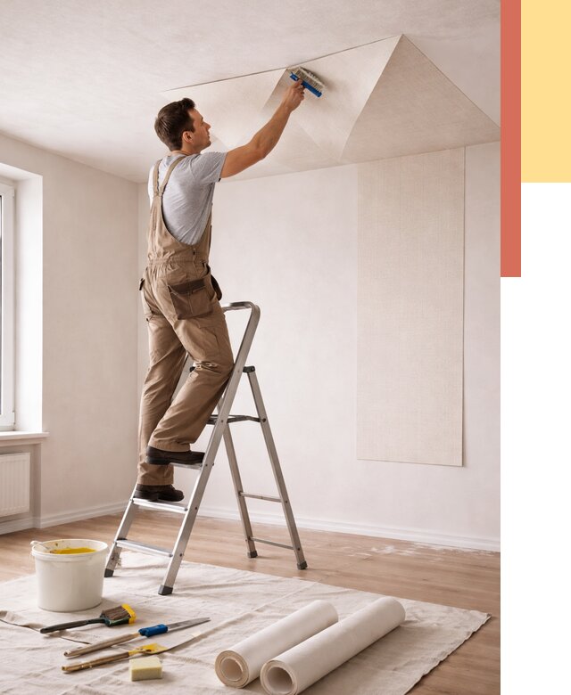 Поклейка обоев на потолок в Минусинске от 4572 руб. быстро и недорого | ОТДЕЛОЧНИК-Мнс